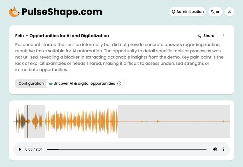 PulseShape AI session analysis interface showing digital opportunity insights