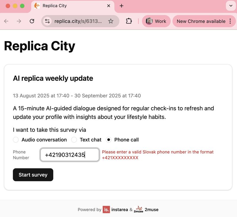 Replica City AI weekly check-in interface showing lifestyle tracking conversation
